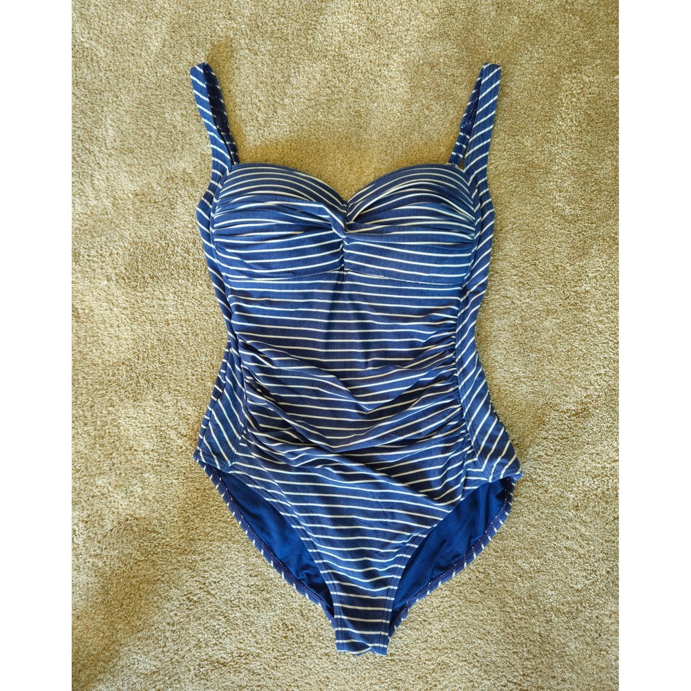 Nip Tuck Swim One Piece Striped Women 10 Blue Excellent Ruched Nautical Coastal